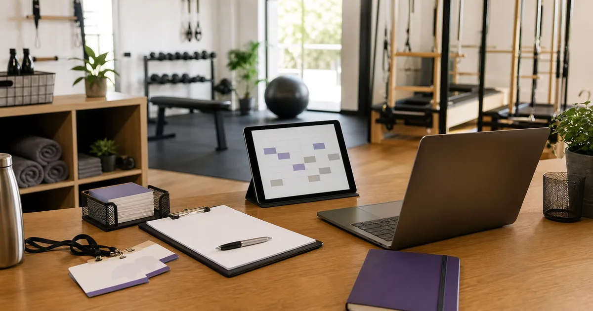 Receção de um pequeno estúdio fitness com portátil, tablet e materiais de organização sobre uma secretária