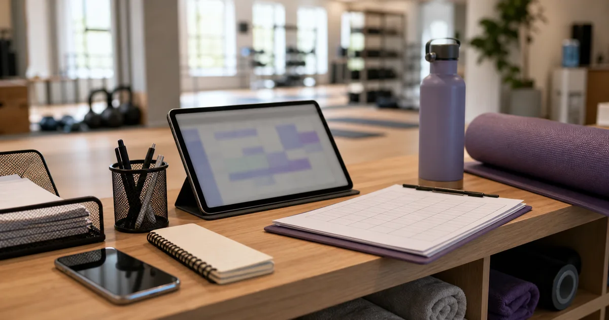 Receção de um estúdio fitness com agenda, telemóvel e sala de aulas desfocada ao fundo